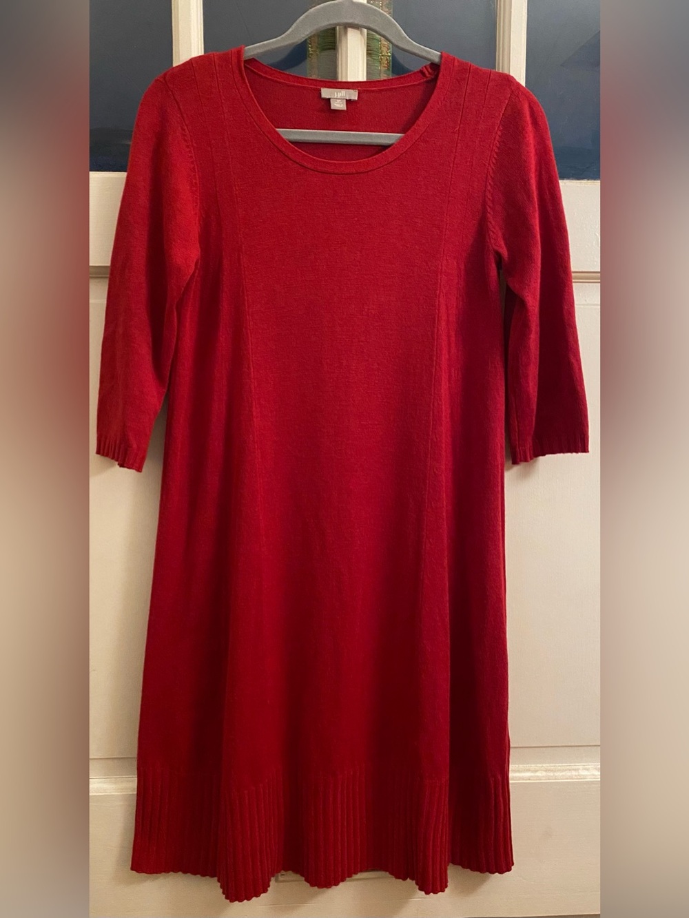 J. Jill Crimson Red A Line Knit Sweater Dress Ribbed Trim - Size Small Petite